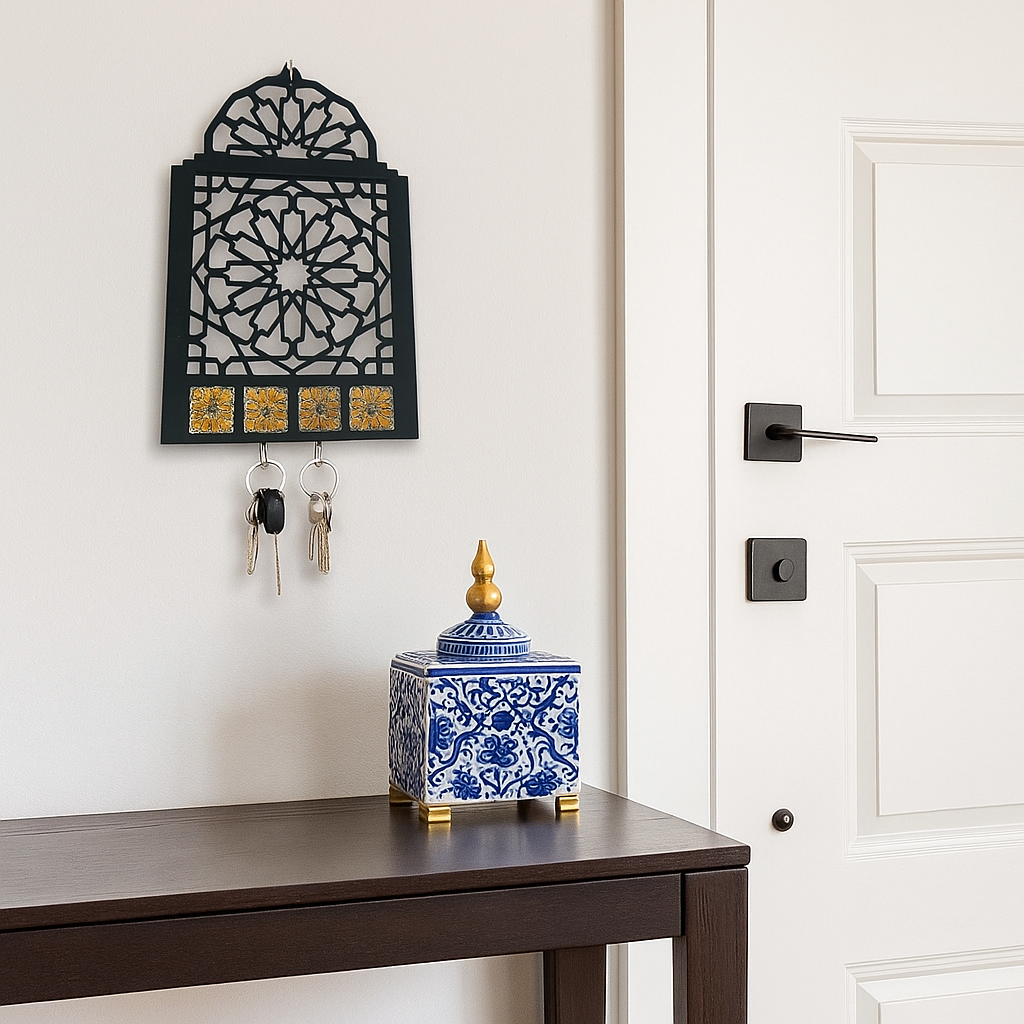 Porte-clés mural en bois arabesque noire et effet céramique