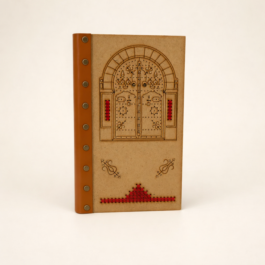 Bloc note en bois et cuir avec design porte rouge