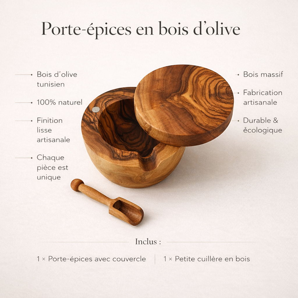 Boite à épice avec couvert en bois d'olive