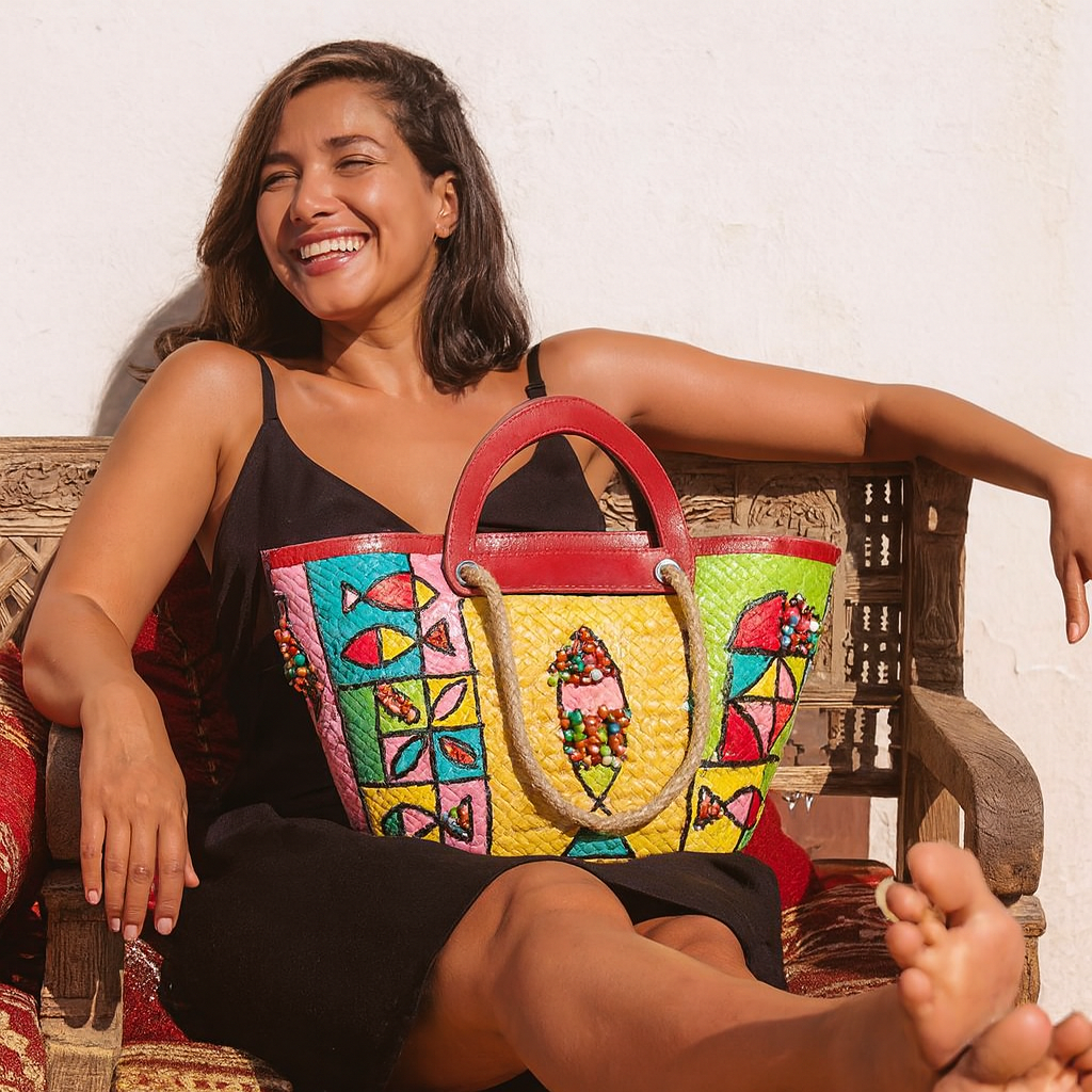 Sac couffin artisanal coloré en paille avec motifs poissons