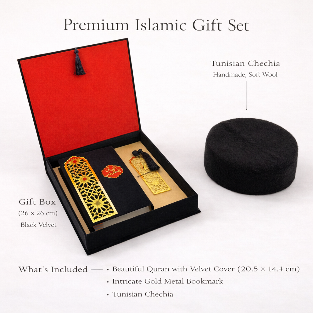 Coffret Coran noir avec marque-page à l’ambre et chechia