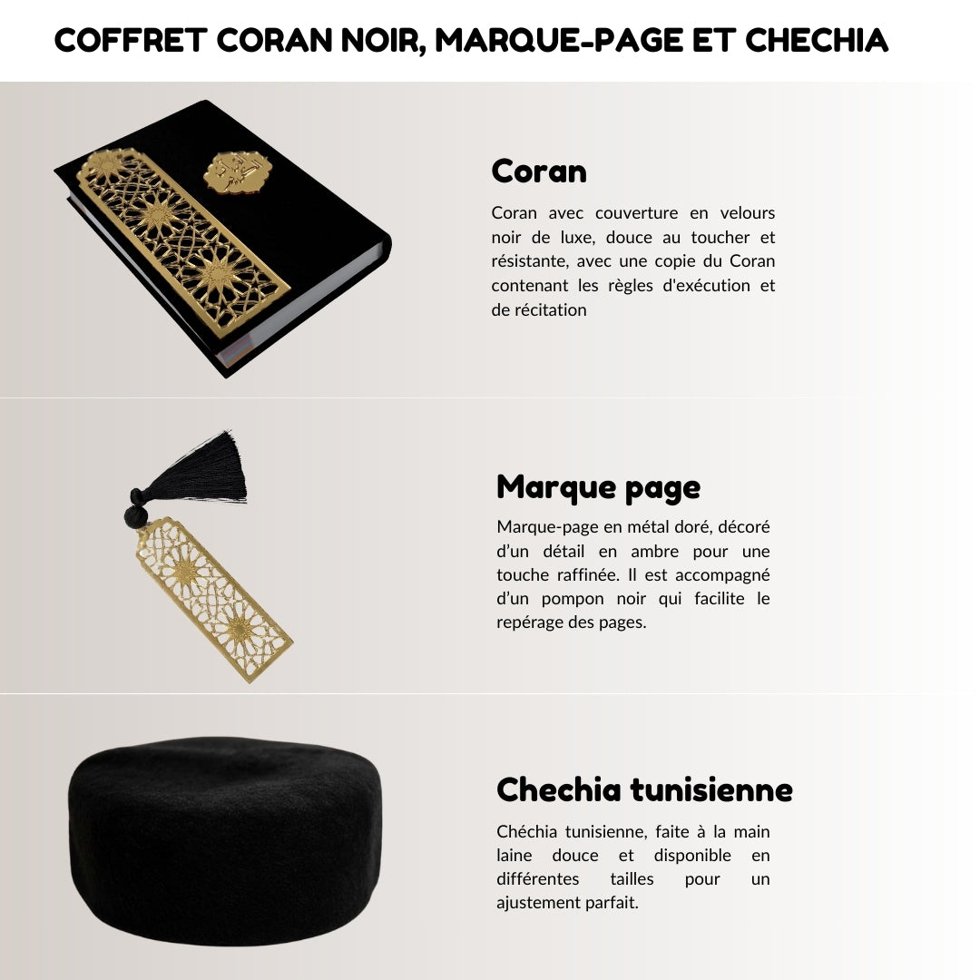 Coffret Coran noir avec marque-page à l’ambre et chechia