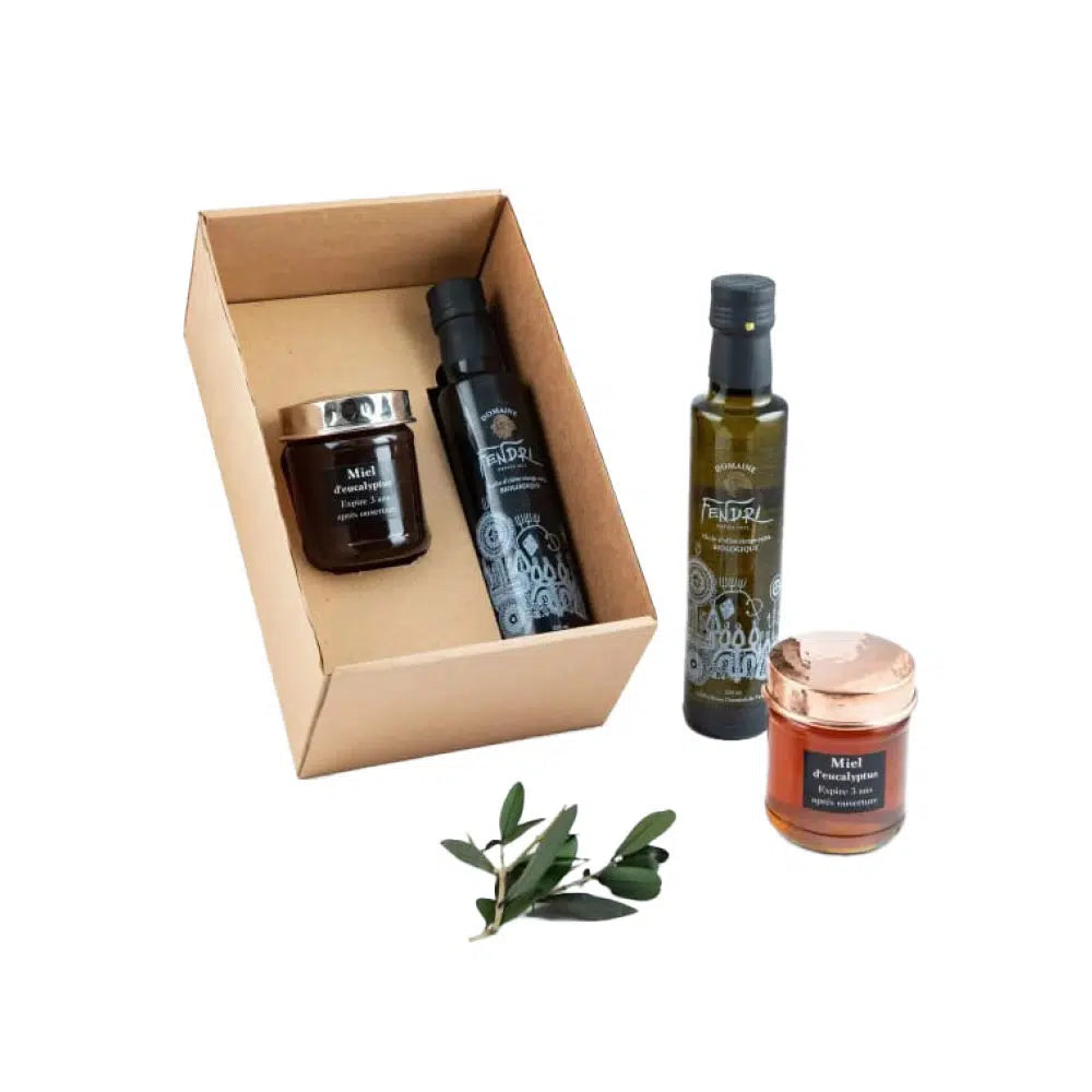 Coffret terroir berbère : huile & boîte à miel cuivre