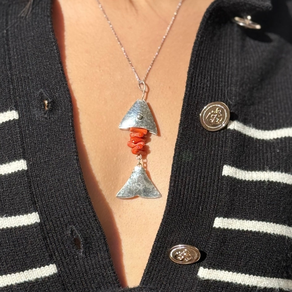 Collier avec pendentif poisson et corail en argent 850 - (Tailles Moyenne et Grande)