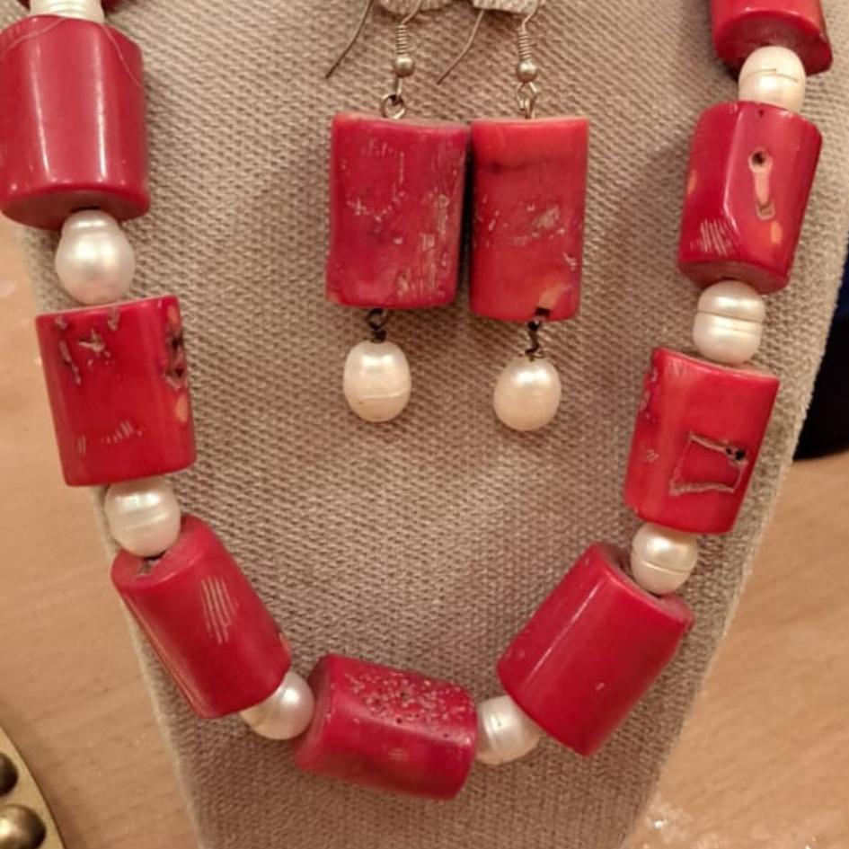 Recycled pearl and coral necklace