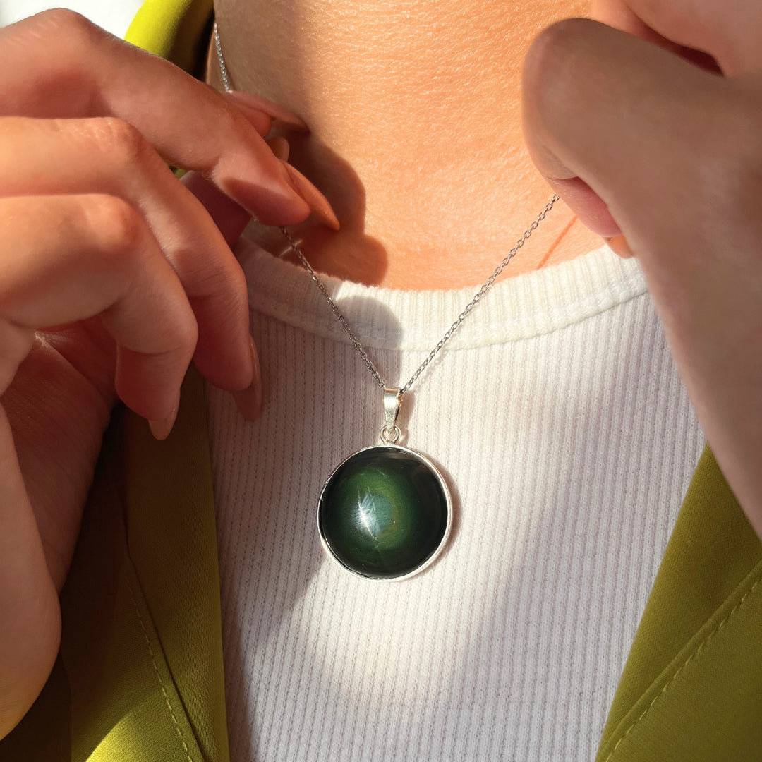 Collier obsidienne oeil de celeste ronde