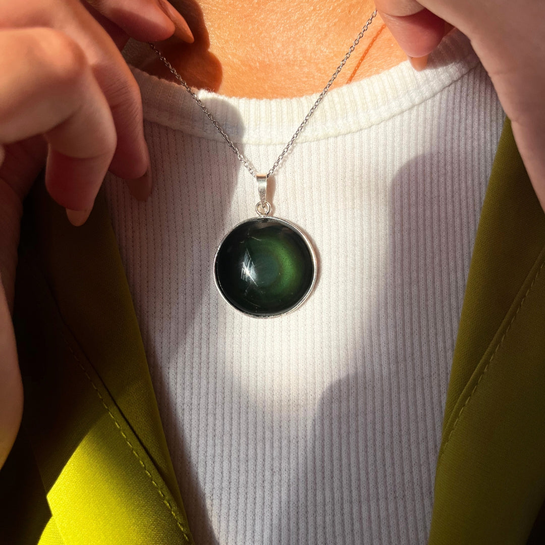 Collier obsidienne oeil de celeste ronde