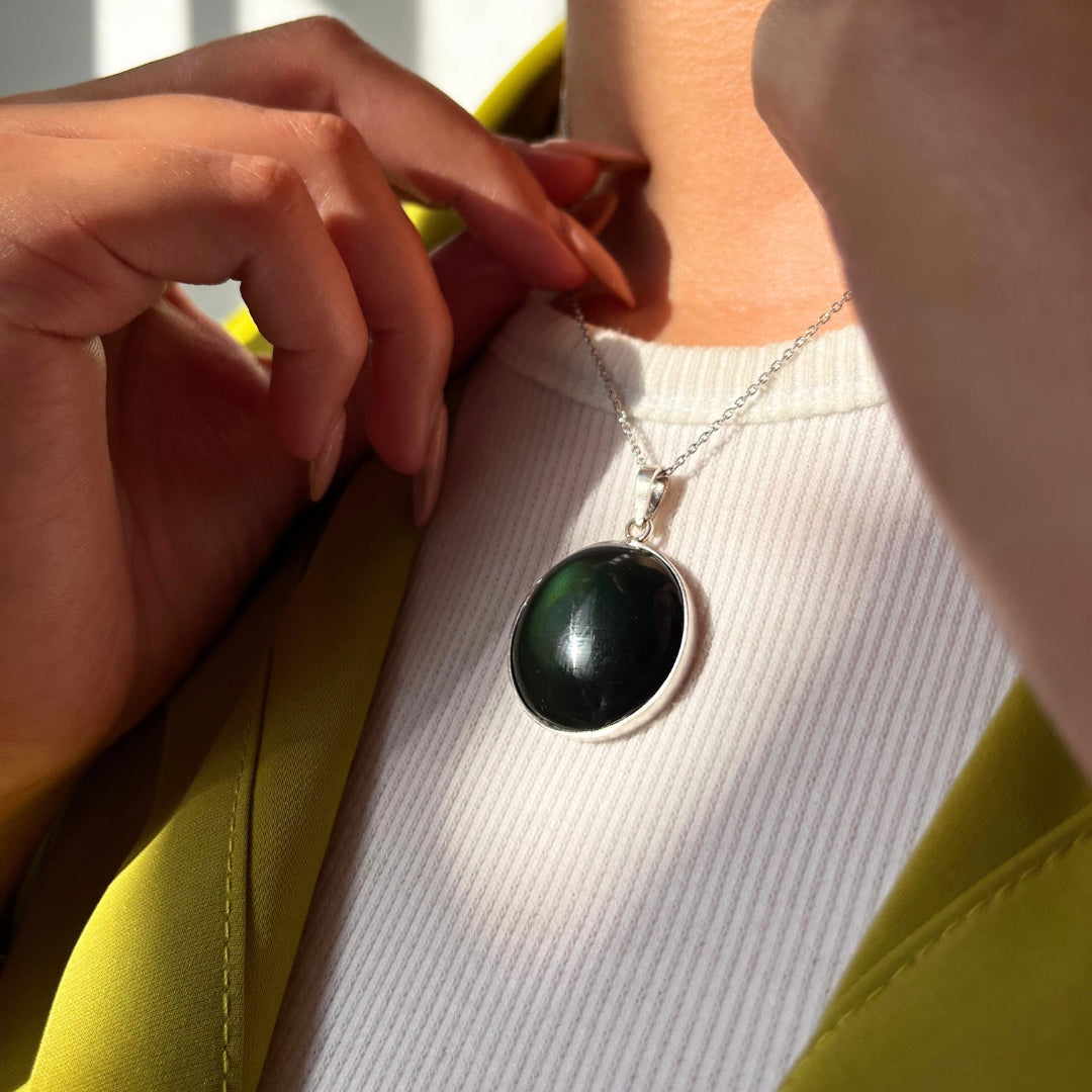 Collier obsidienne oeil de celeste ronde