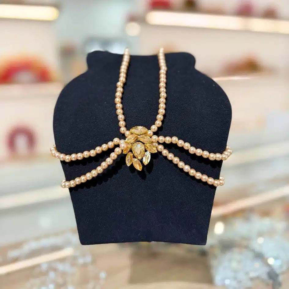 Collier de mariage en perles et strass dorés – Accessoire glamour