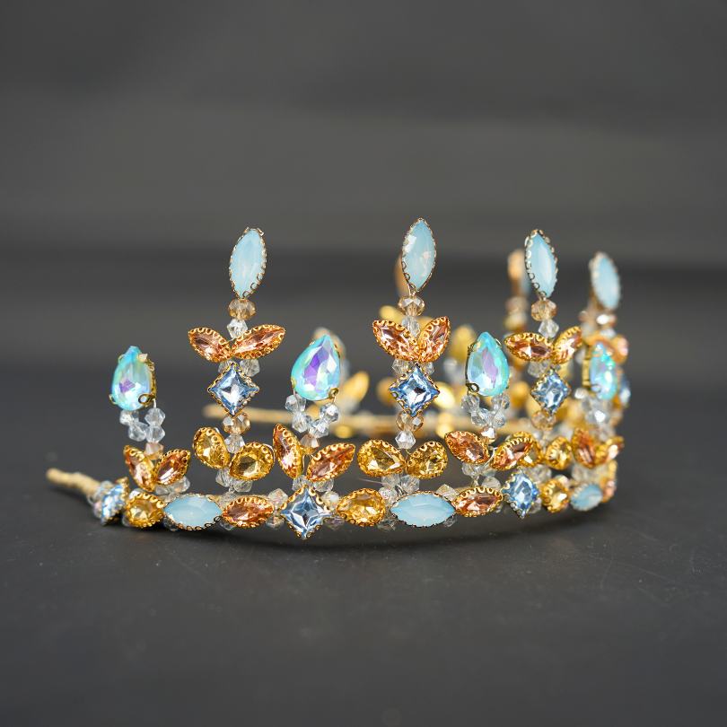 Couronne de mariage nuptiale en strass bleu, diadème pour femmes, diadème de mariée floral, couronne de mariage en voile de concours, bijoux de mariage