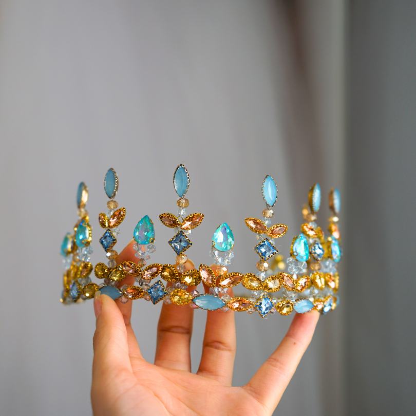 Couronne de mariage nuptiale en strass bleu, diadème pour femmes, diadème de mariée floral, couronne de mariage en voile de concours, bijoux de mariage