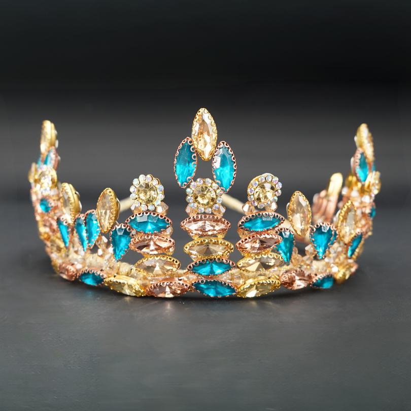 Couronne Diadème de Liesel, Cristal bleu vert imitation émeraude, métal doré vieilli, couronne pour les mariages, couronne de mariage, couronne en cristal et diadème