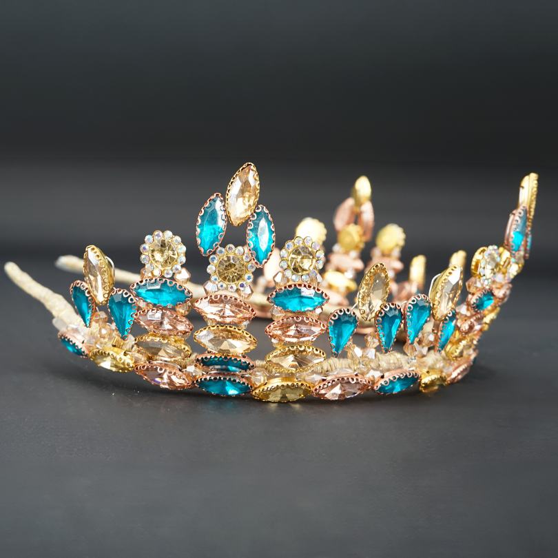 Couronne Diadème de Liesel, Cristal bleu vert imitation émeraude, métal doré vieilli, couronne pour les mariages, couronne de mariage, couronne en cristal et diadème