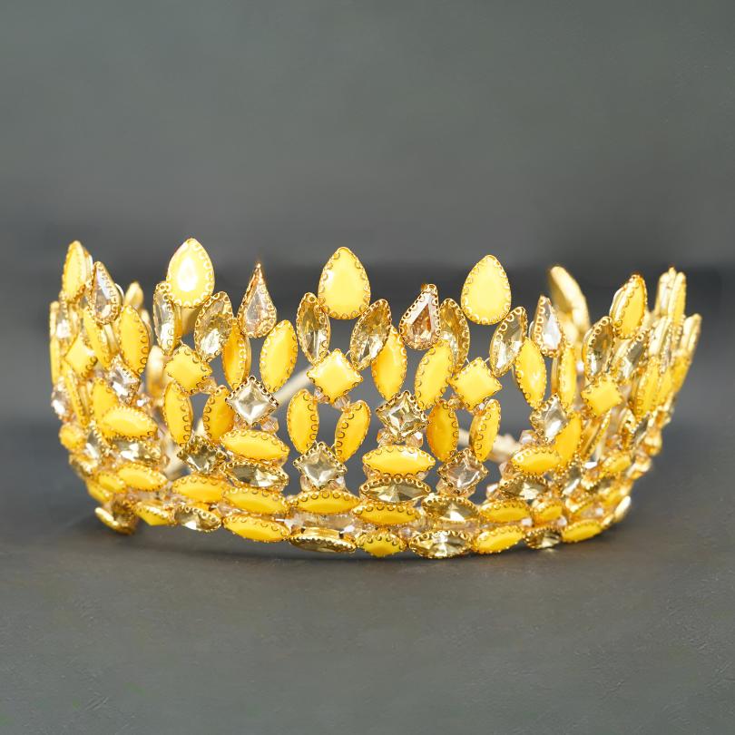 Couronne de mariée en perles d'or et jaune avec cristaux et feuilles d'or pour la mariée, morceau de cheveux de mariage, bandeau diadème doré