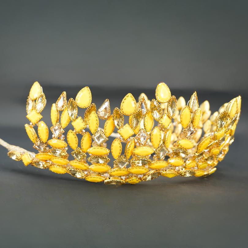 Couronne de mariée en perles d'or et jaune avec cristaux et feuilles d'or pour la mariée, morceau de cheveux de mariage, bandeau diadème doré