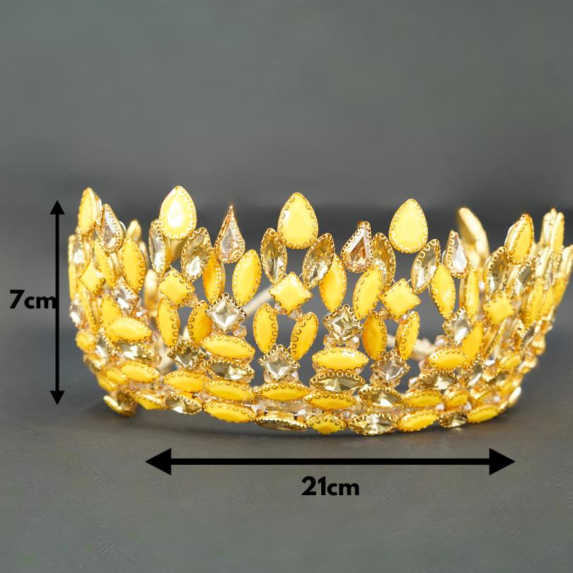 Couronne de mariée en perles d'or et jaune avec cristaux et feuilles d'or pour la mariée, morceau de cheveux de mariage, bandeau diadème doré