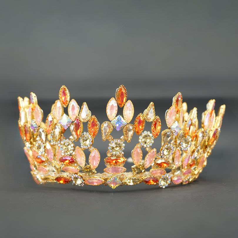 Couronne de mariage couleur orange fait à la main de luxe, Diadème de mariage en cristal, couronne en or et oronge , couronne de diadème en strass foncés, mariée gothique, baroque, princesse