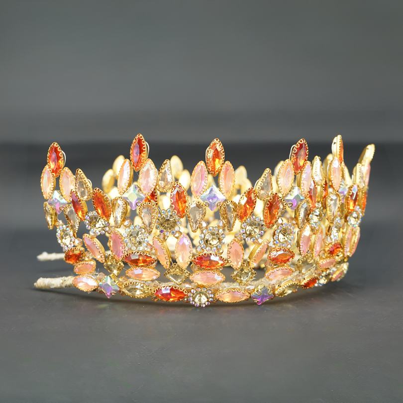 Couronne de mariage couleur orange fait à la main de luxe, Diadème de mariage en cristal, couronne en or et oronge , couronne de diadème en strass foncés, mariée gothique, baroque, princesse