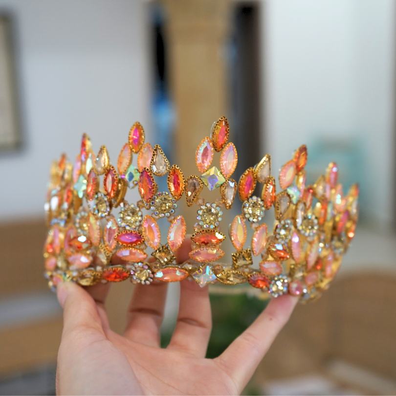 Couronne de mariage couleur orange fait à la main de luxe, Diadème de mariage en cristal, couronne en or et oronge , couronne de diadème en strass foncés, mariée gothique, baroque, princesse