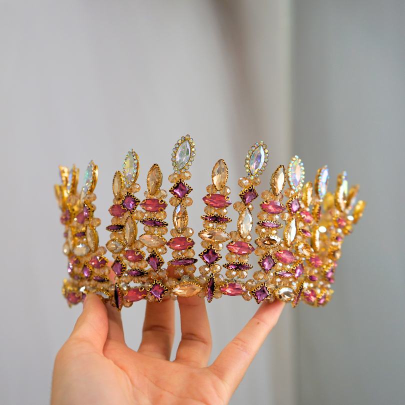 Couronne de mariée en pierre de cristal, Couronne de cristal de couleur rose , couronne diadème de mariée halo couronne de mariage bohème, couronne de cristal rose