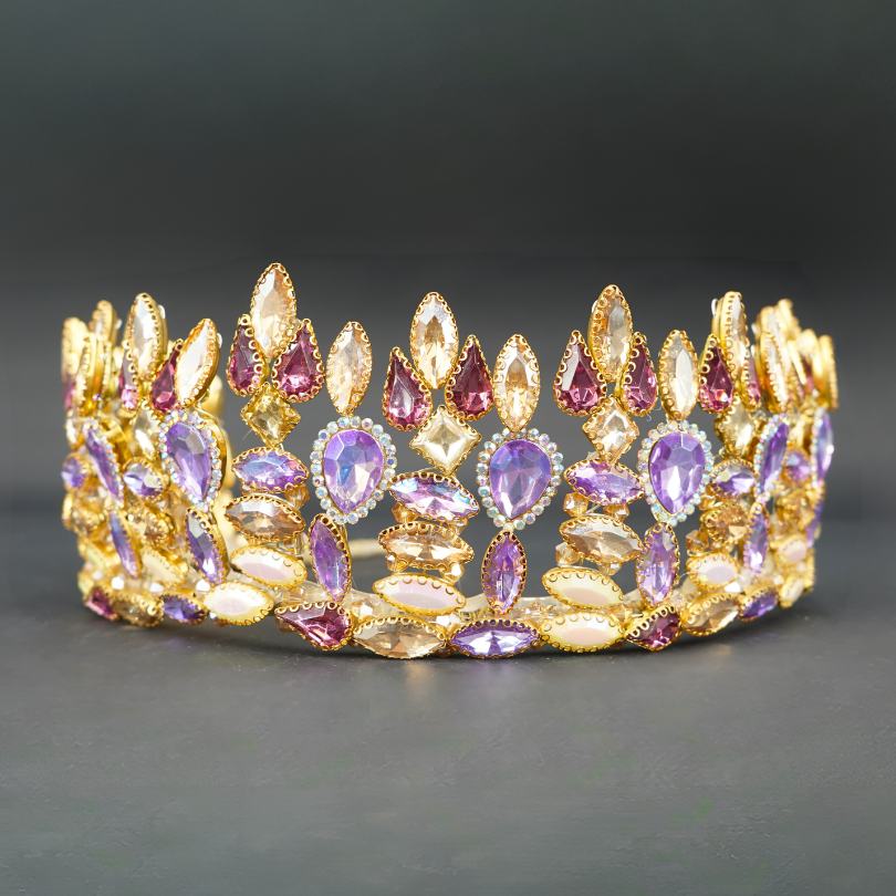 Couronne de mariage couleur violet fait à la main de luxe, couronne de mariée de mariage, couronne de cristal de strass, bijoux de cheveux de mariée de femmes, diadème de réception de mariage