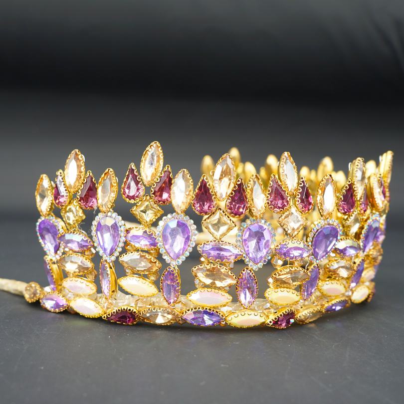 Couronne de mariage couleur violet fait à la main de luxe, couronne de mariée de mariage, couronne de cristal de strass, bijoux de cheveux de mariée de femmes, diadème de réception de mariage