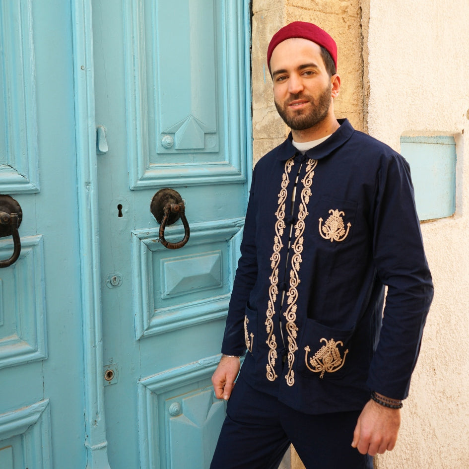 Dengri bleu brodé pour homme – Style traditionnel tunisien