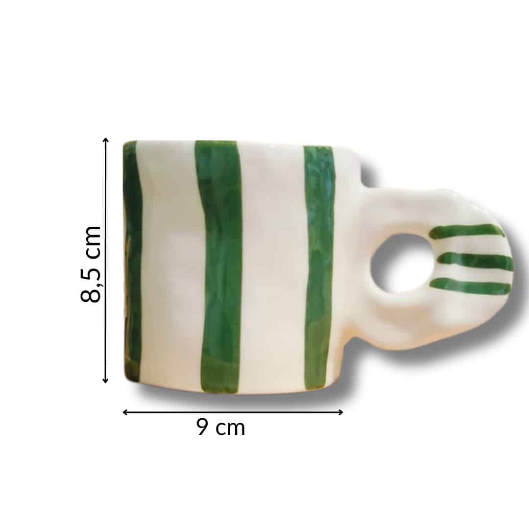 Mug en céramique à rayures fait main – En bleu ou vert (9 x 8,5 cm)