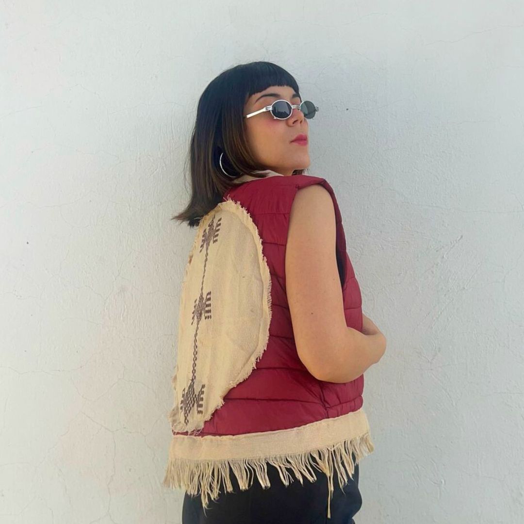 Upcycled burgundy "Heritage" quilted down jacket inspired by Tunisian craftsmanship