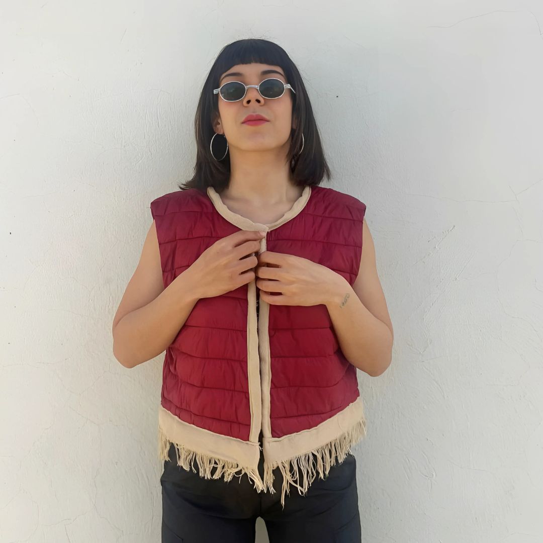 Upcycled burgundy "Heritage" quilted down jacket inspired by Tunisian craftsmanship