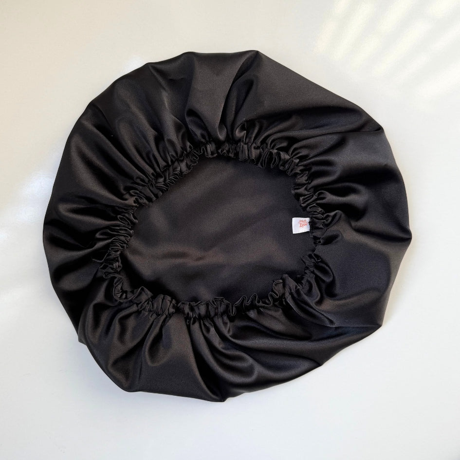 Bonnet de nuit en satin doux anti casse & protecteur cheveux Noir