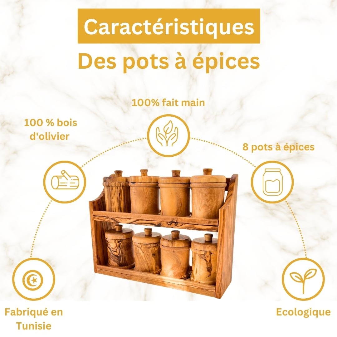 Ensemble de pots à épices en bois d'olivier avec support