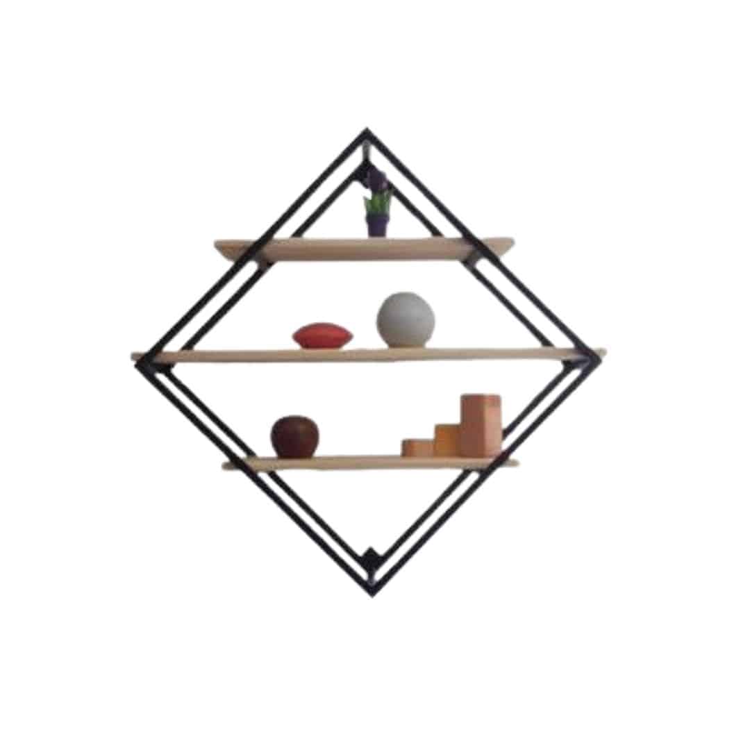 Étagère murale décorative en acier & bois de frêne – Design losange