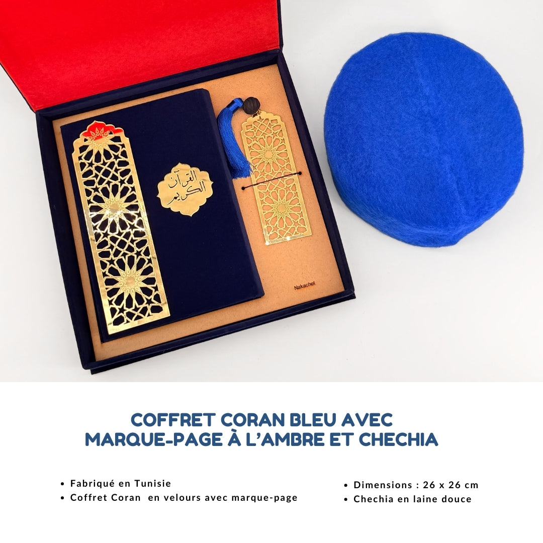 Coffret Coran bleu avec marque-page à l’ambre et chechia