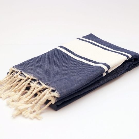 Fouta Bleu XXL - 200 cm x 100 cm- Serviette pour Hammam, Sauna, Spa, Plage ou Pique-nique - 100 % Coton - Artisanale