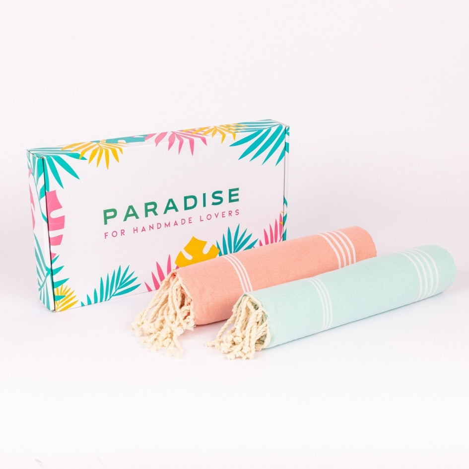 Lot de 2 foutas style Bali bleu ciel et rose pêche