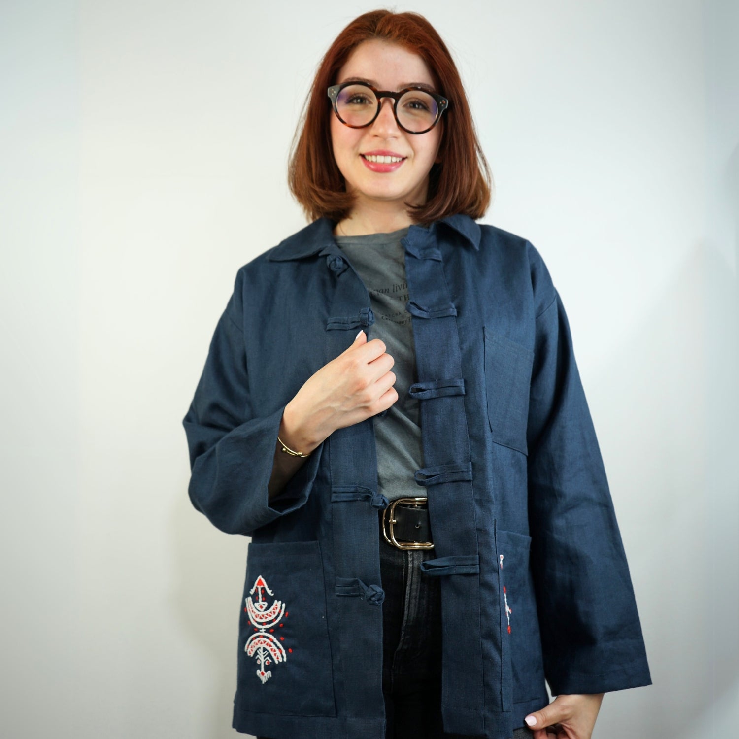 Gilet dengri lin bleu naturel Amazigh