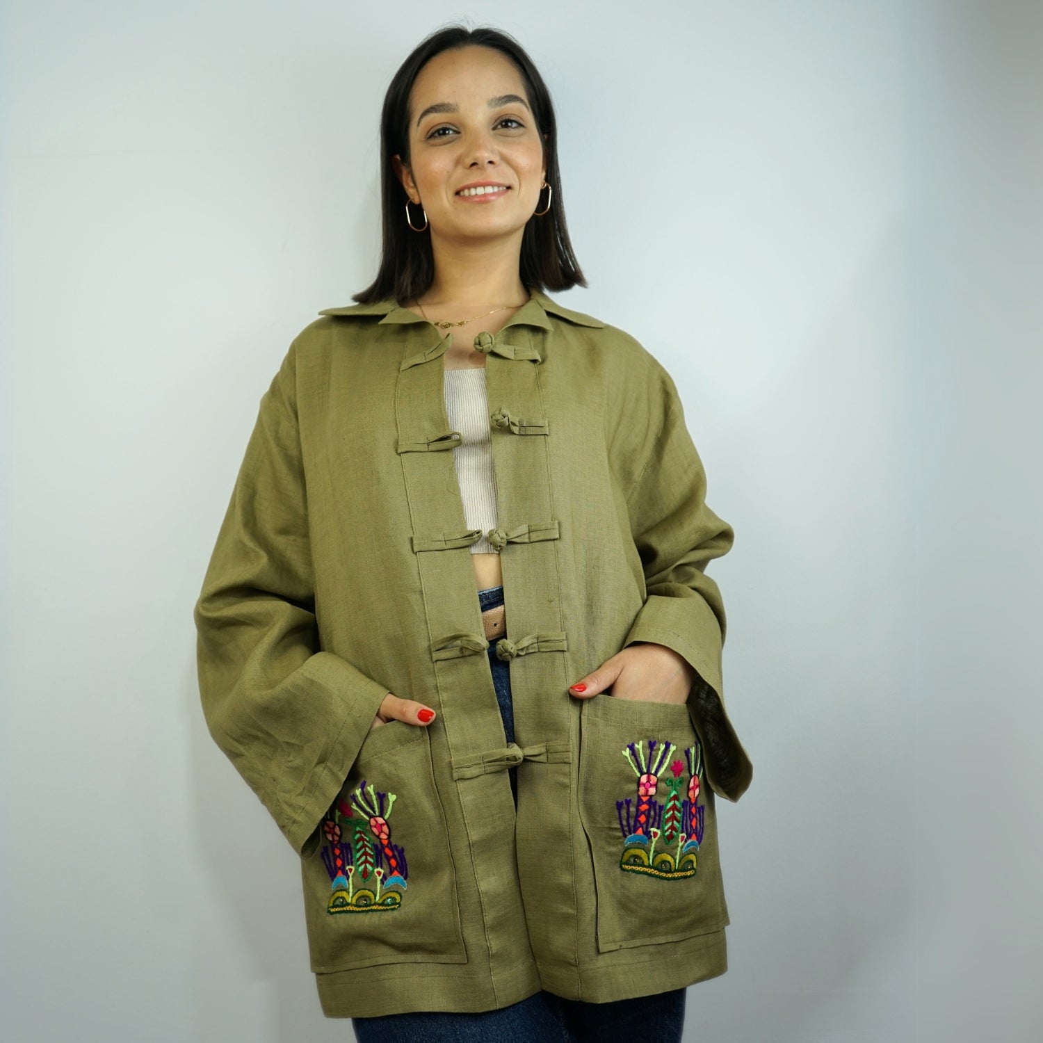 Gilet dengri lin olive Amazigh