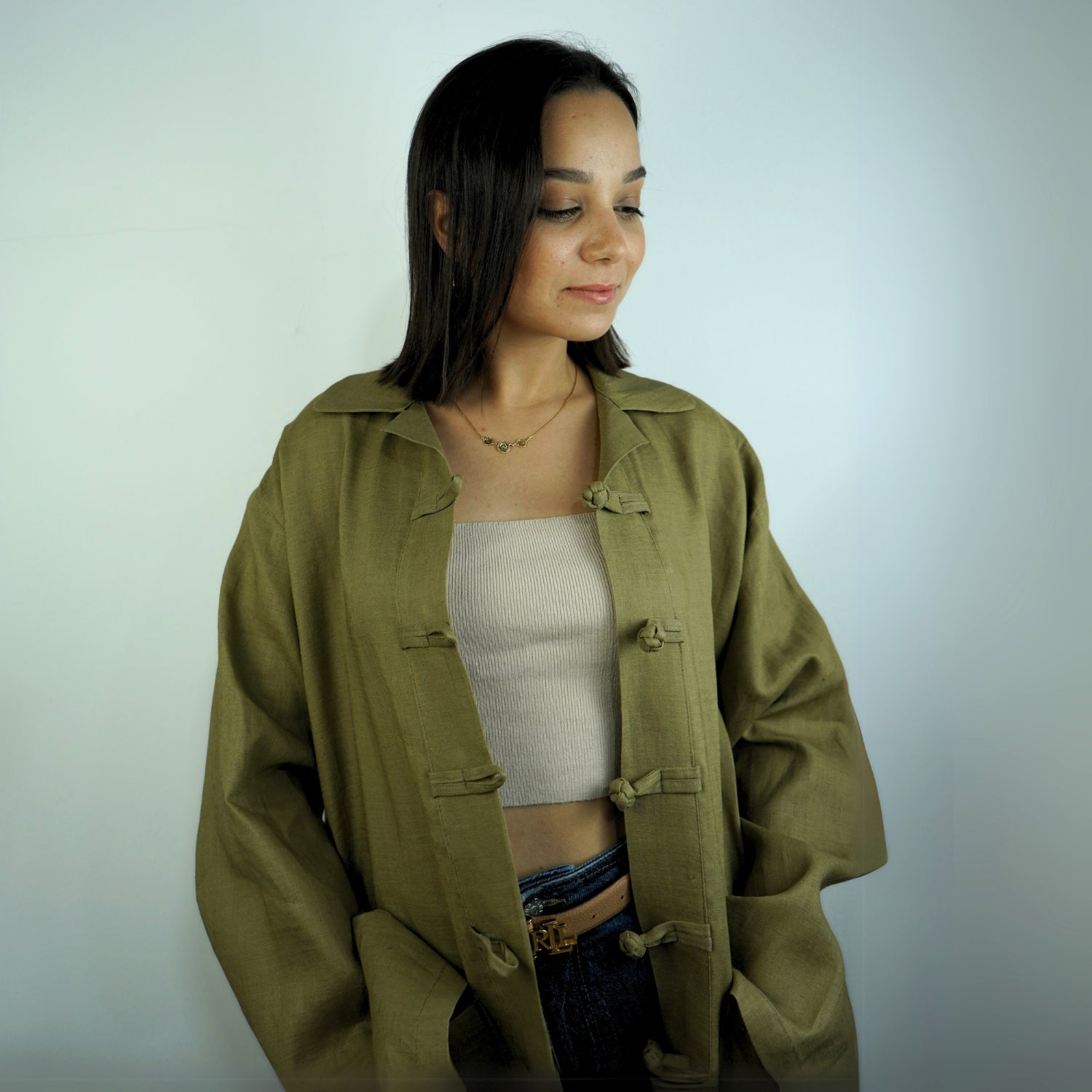 Gilet dengri lin olive Amazigh