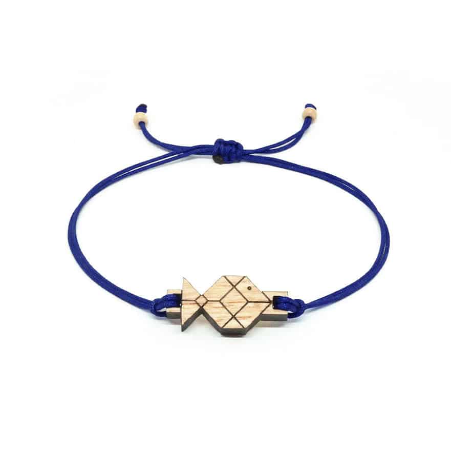 Bracelet Cordon Réglable avec Pendentif Poisson Origami en Bois Massif