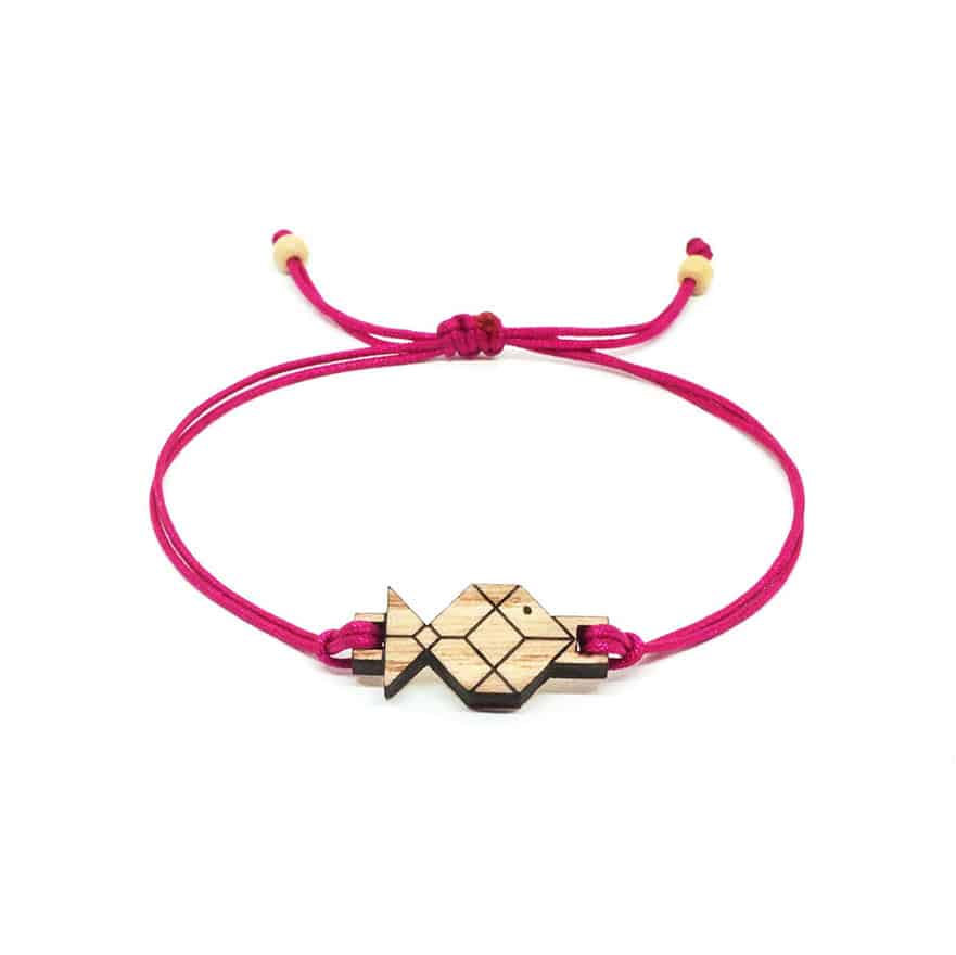 Bracelet Cordon Réglable avec Pendentif Poisson Origami en Bois Massif