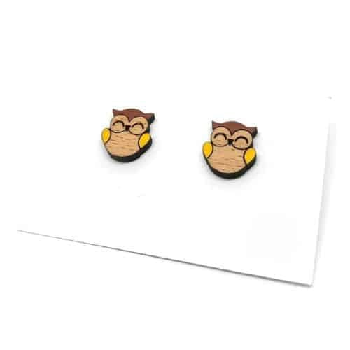 Boucles d'oreilles clous "Hibou" en bois