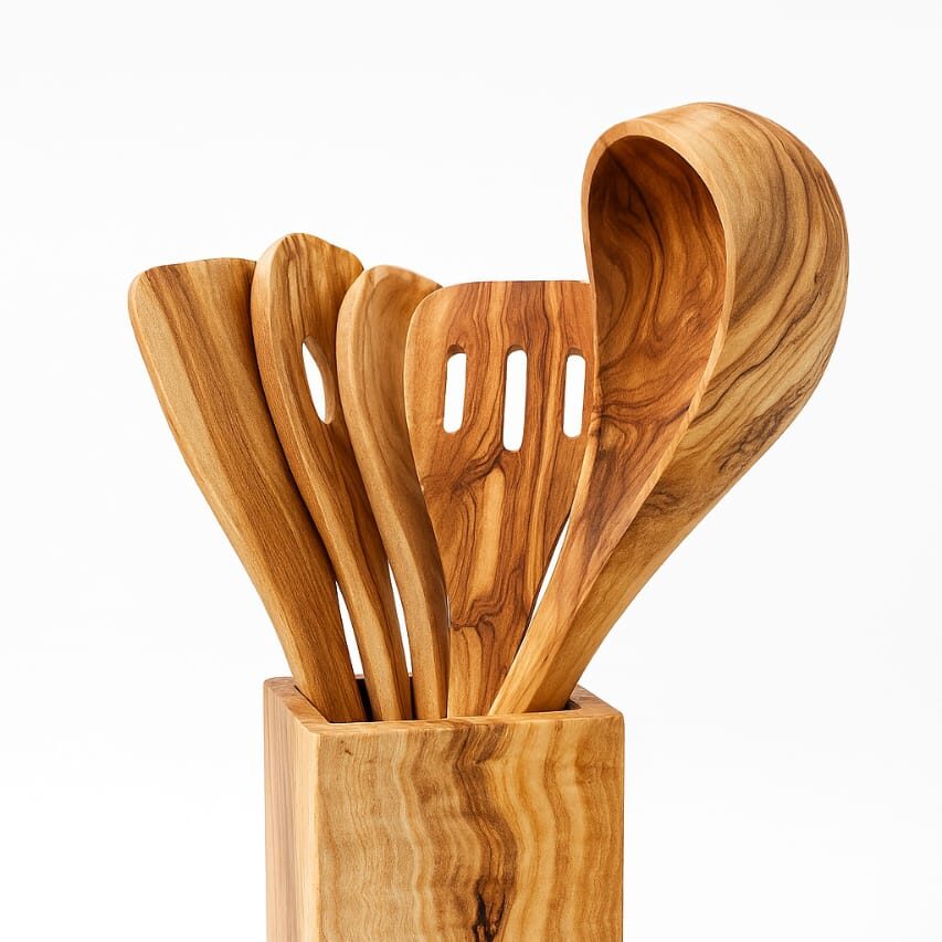 ustensiles cuisine bois artisanaux en olivier pour une cuisine élégante