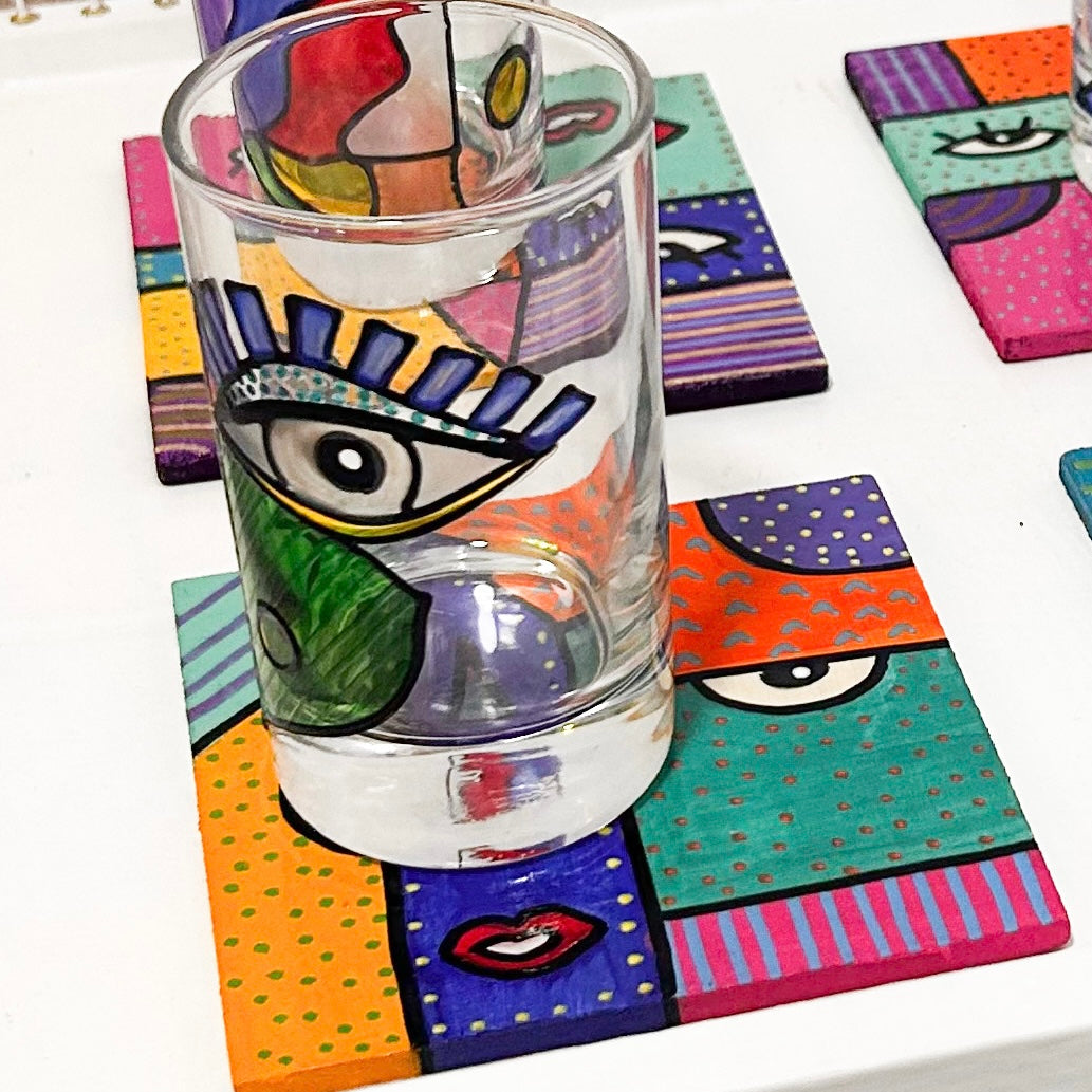 Set de 6 Verres et 6 Dessous de Verre Colorés - Visages Cubistes Modernes