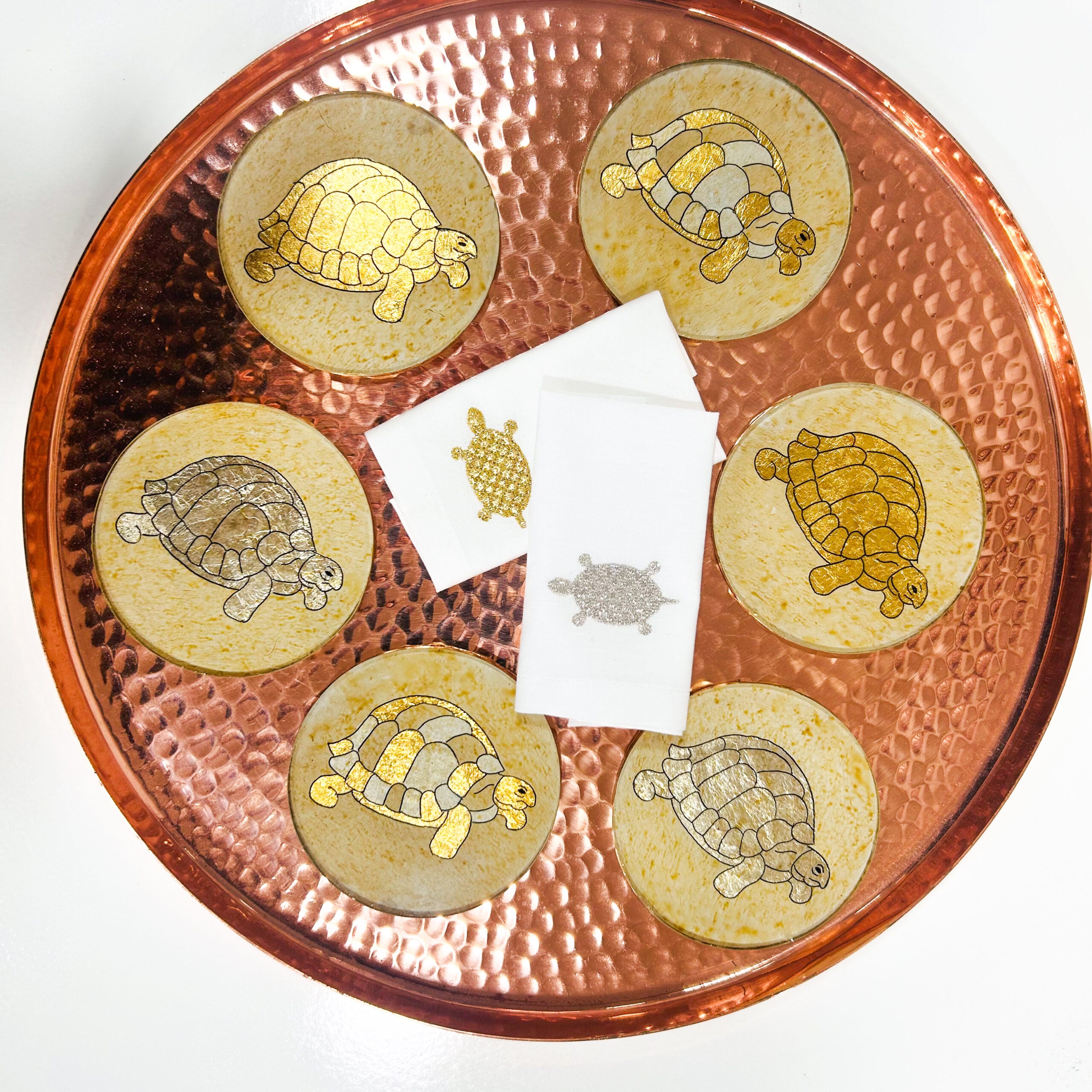Coffret précieux - 6 dessous de verre " TORTUES " - Feuille d'or et d'argent