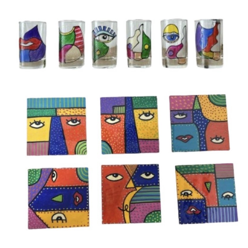 Set de 6 Verres et 6 Dessous de Verre Colorés - Visages Cubistes Modernes