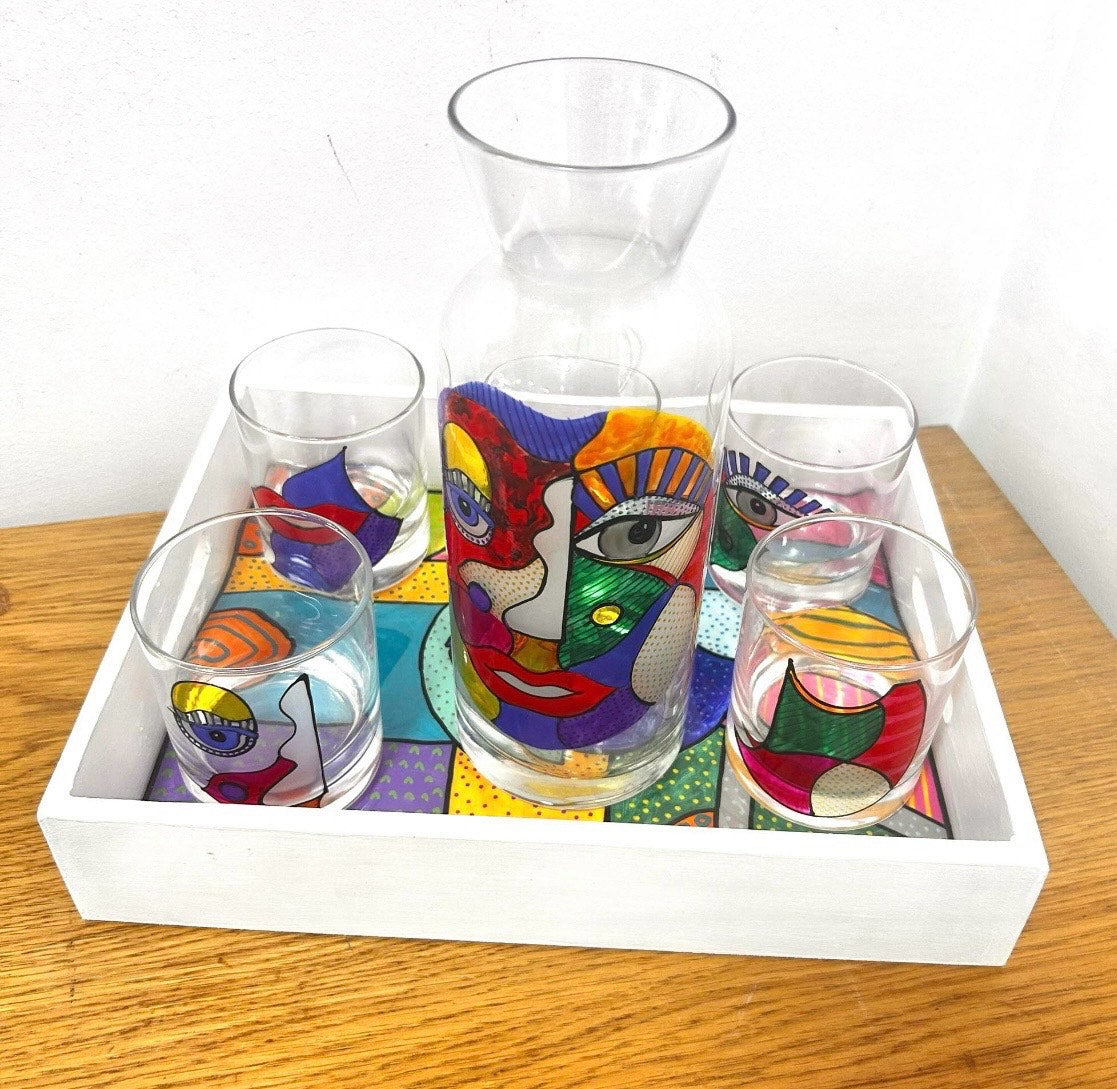 Set de 6 Verres et carafe Colorés - Visages Cubistes Modernes