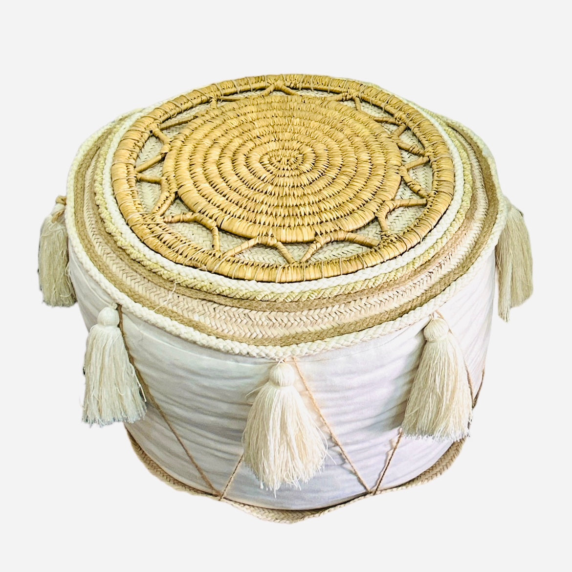 Pouf Rond en Halfa & Tissu Écru – Pompons et Tressage Naturel – Fait Main