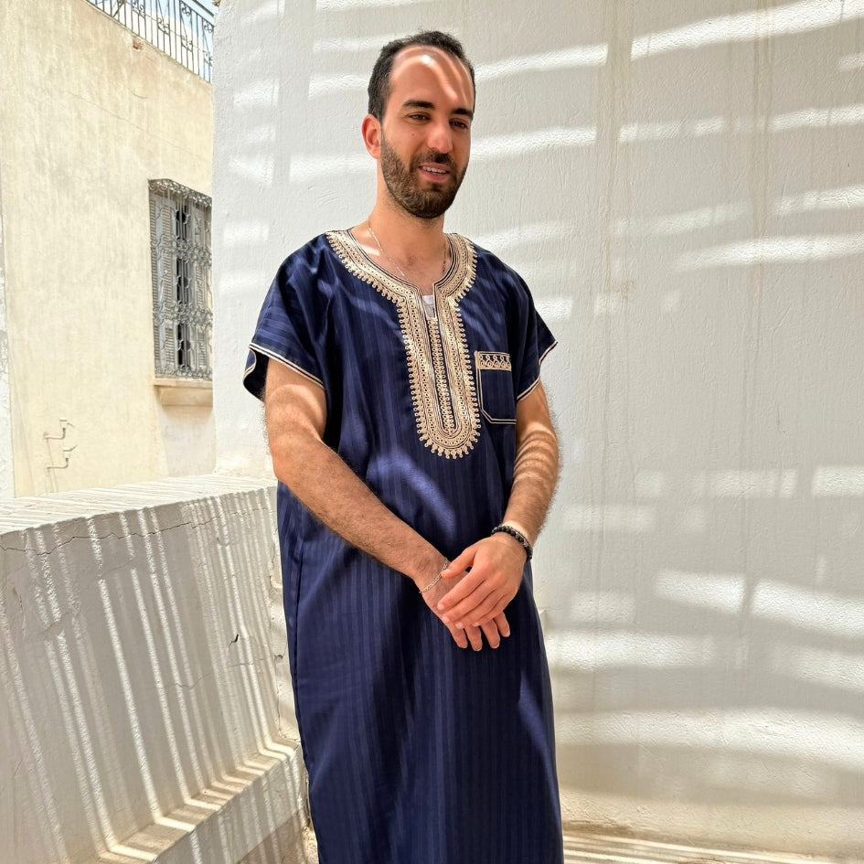Jebba traditionnelle bleu roi avec broderie beige