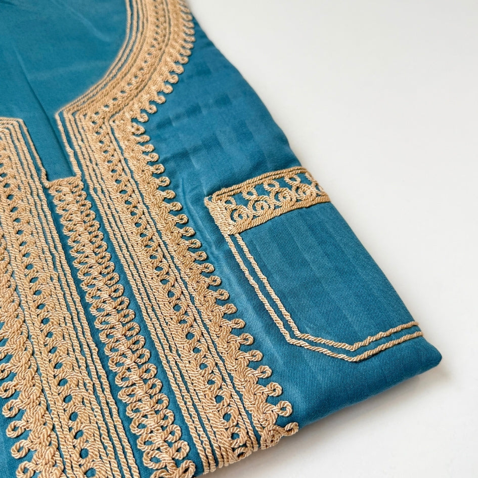 Jebba tunisienne bleu-vert brodée beige